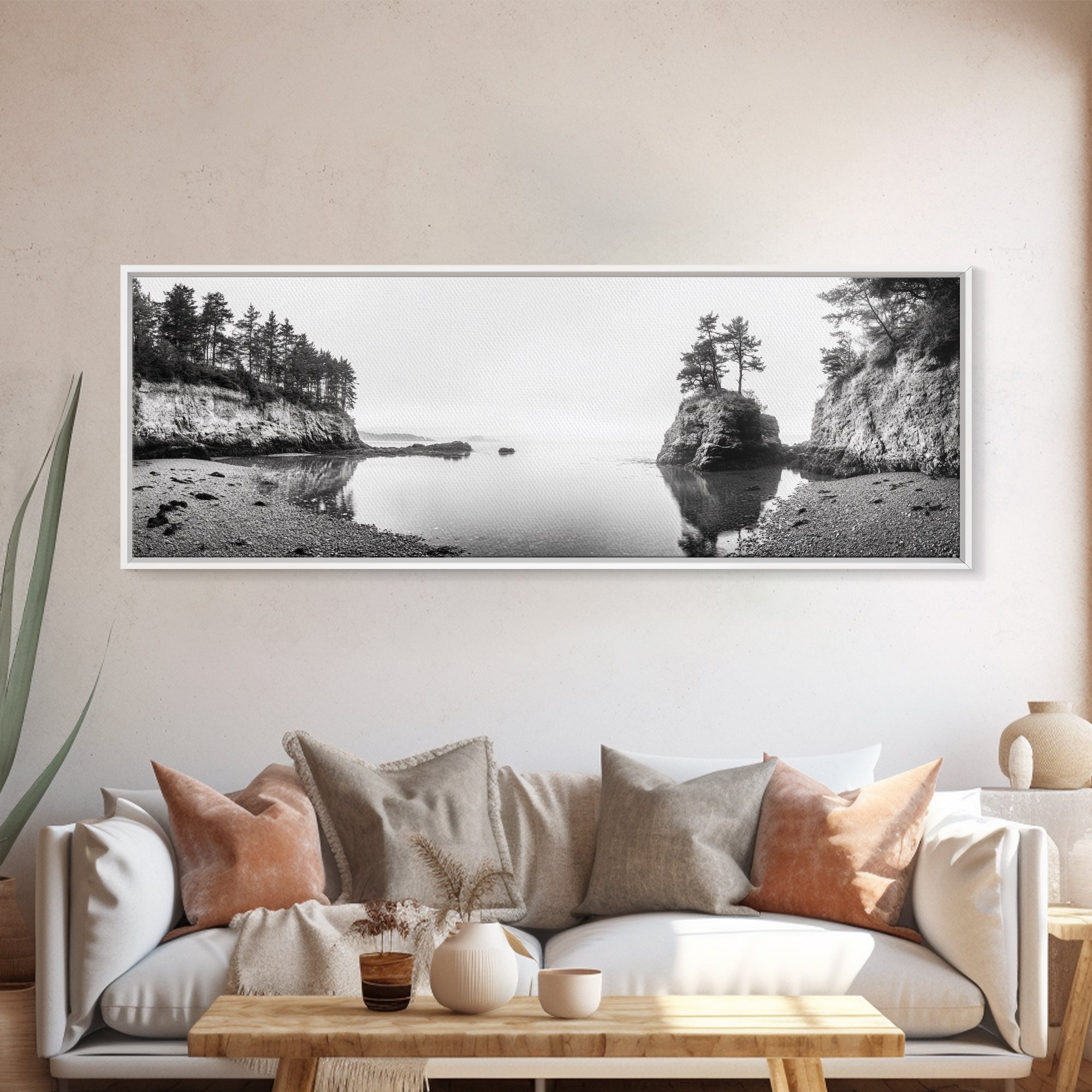 Forest Cove, Serene Shoreline, Calm Reflections, Canvas Print, peaceful nature wall art, neutral tones decor, minimalist bathroom artwork