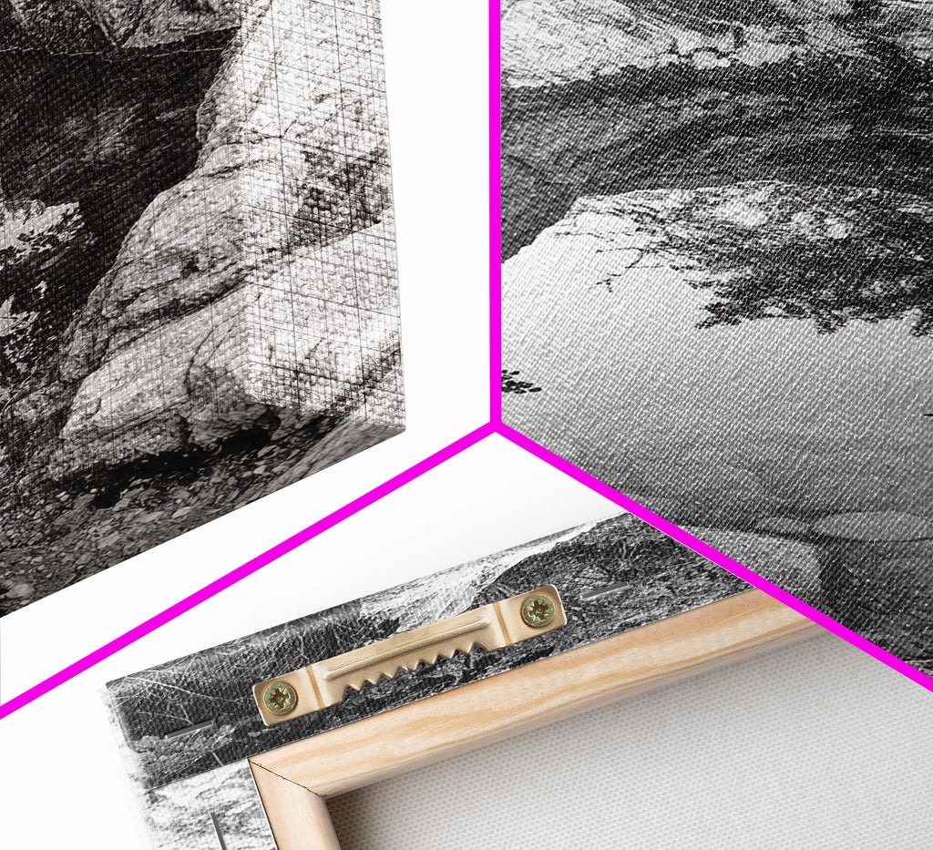 Reflective Rock Pool, Tranquil Nature, Monochrome Landscape, Black and White Framed Canvas Print, Minimalist Bathroom or Spa Wall Art