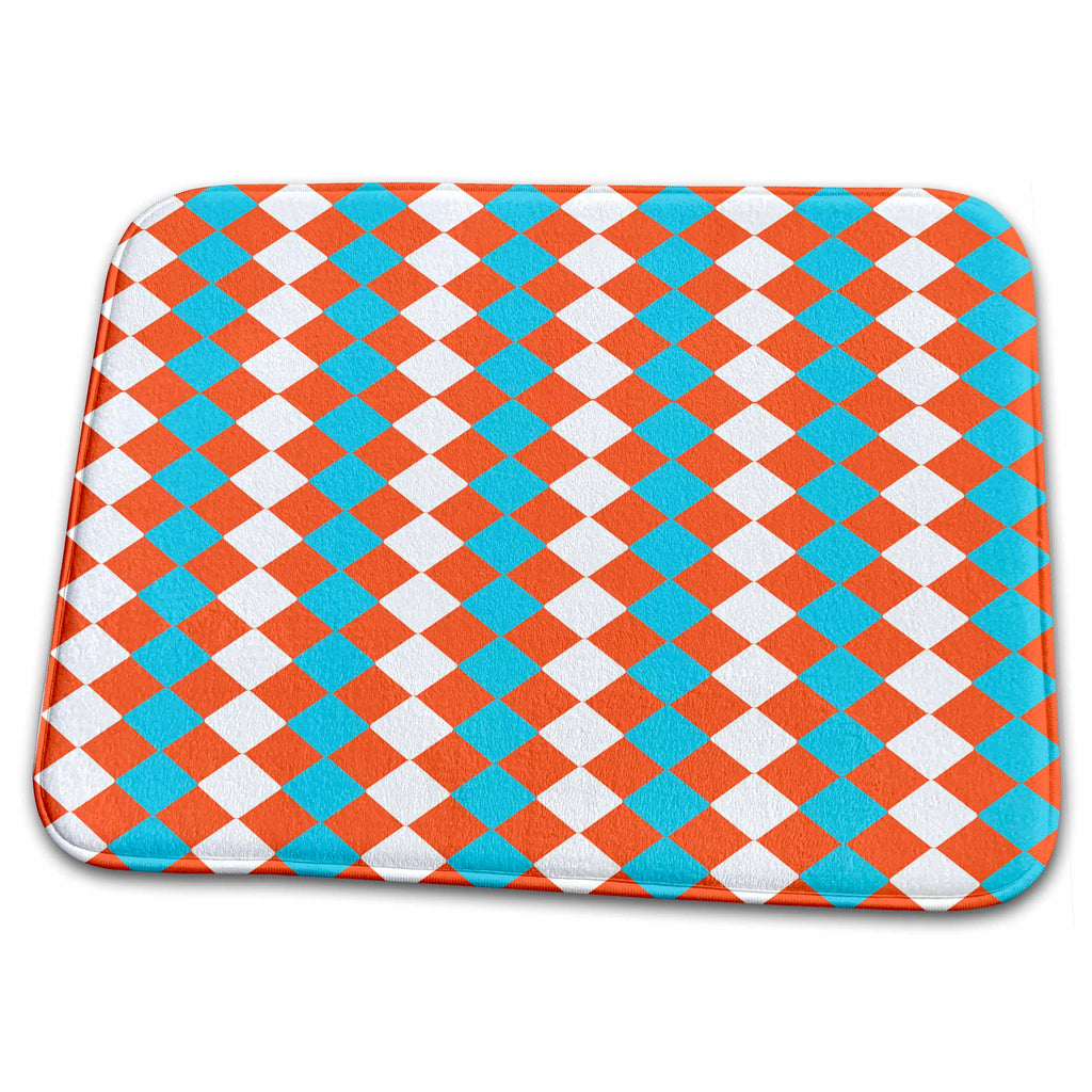 Dish Drying Mat - Orange, White, And Aqua Diamond Shapes Pattern Patterns