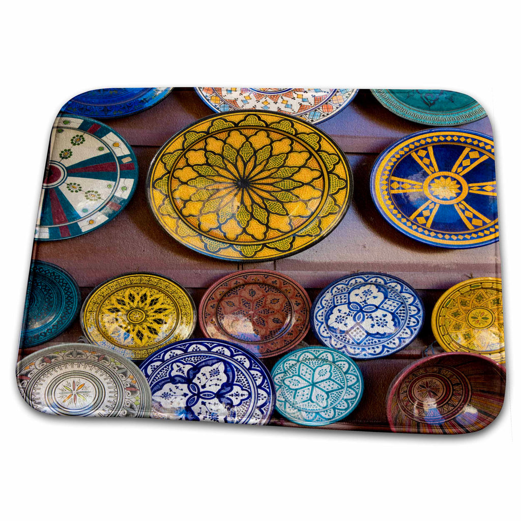 Dish Drying Mat - Meknes, Morocco, main square plates art work for sale to tourists Markets