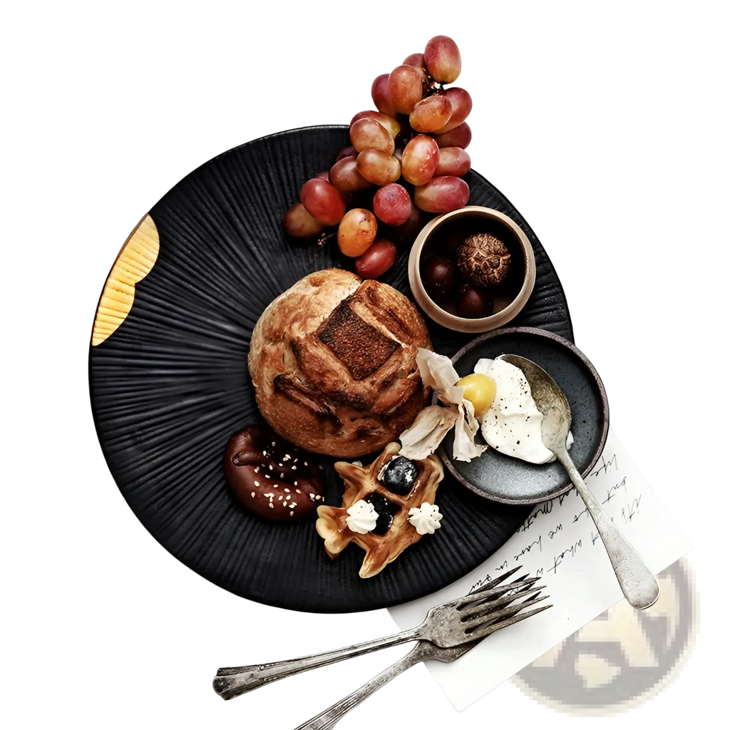 Black Ceramic Plate with Gold and Wood Rim Accents
