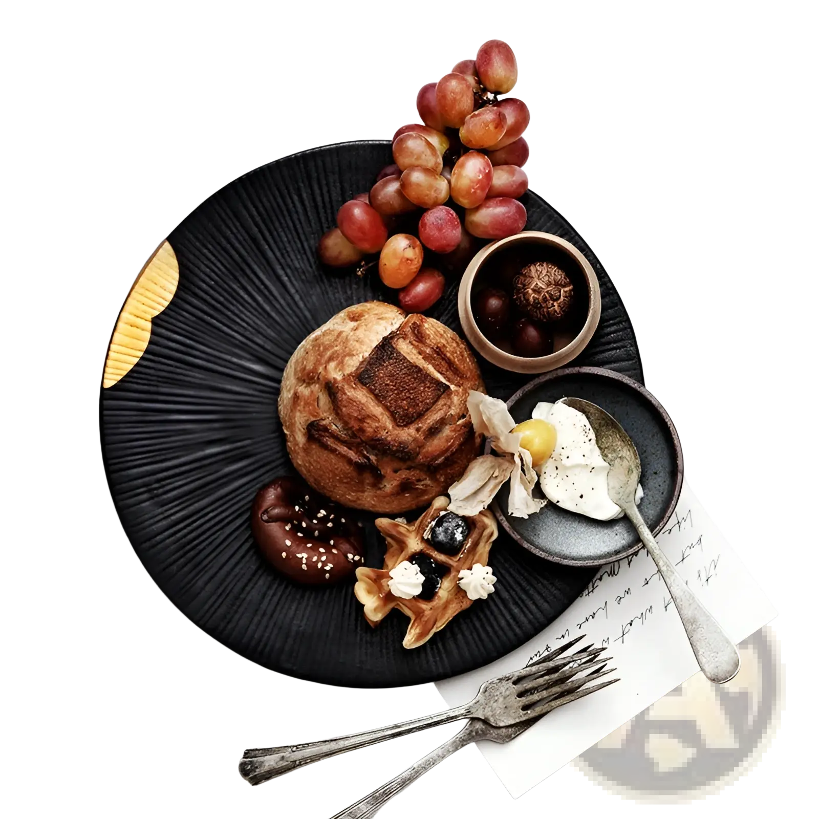 Black Ceramic Plate with Gold and Wood Rim Accents