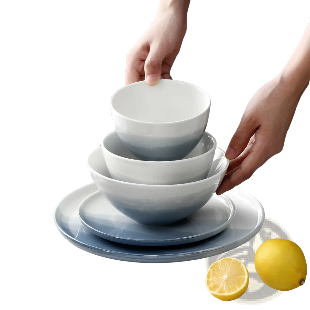Ceramic Gradient Blue Steak Plate and Bowl Set