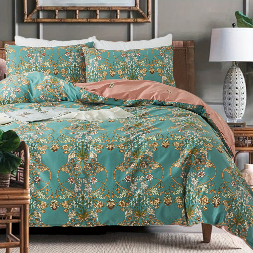 Percale Cotton Duvet Cover Set - 3-Piece Floral Botanical Bedding (Queen/King)