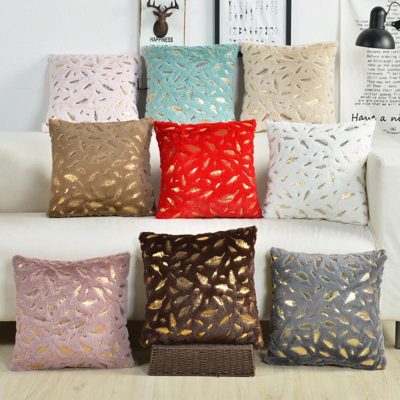 Fur Cushion Cover Pillowcases Solid Color White Gray Pink Red Black Decorative Christmas Throw Pillow Covers Plush Faux Fur With Gold Feathers Gilding Cushion Covers Cases Soft Fuzzy Cute Pillowcase For Couch Bed