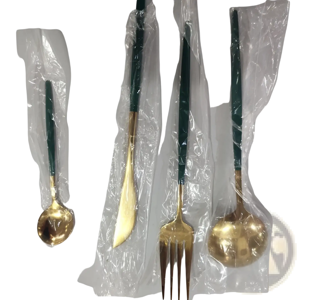 Stainless Steel Cutlery Set with Green Gold Handles