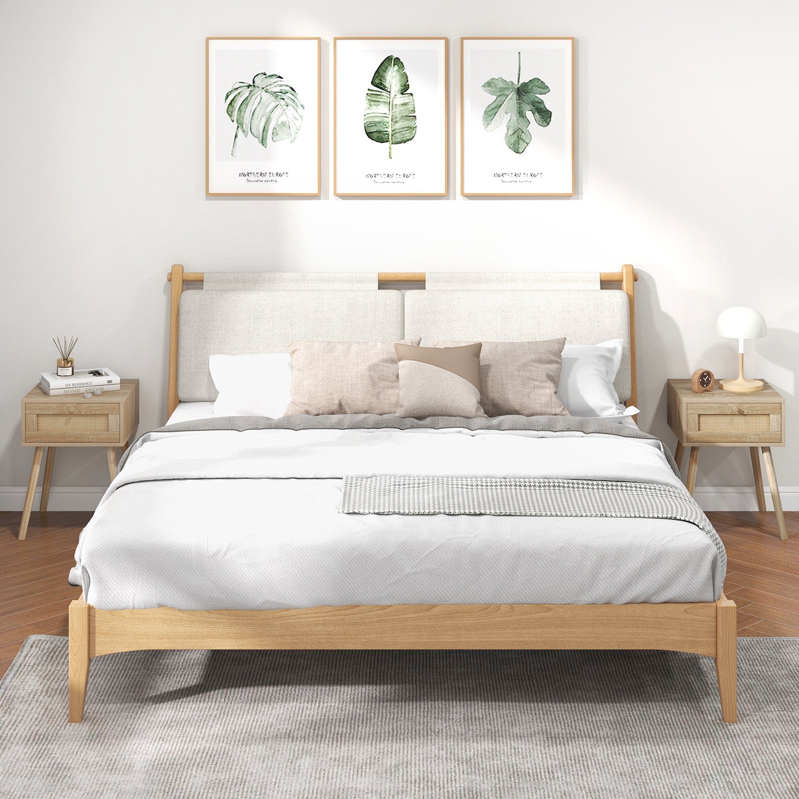 Set of 2 Modern Rattan Nightstand with Drawer and Solid Wood Legs for Bedroom and Living Room-Oak